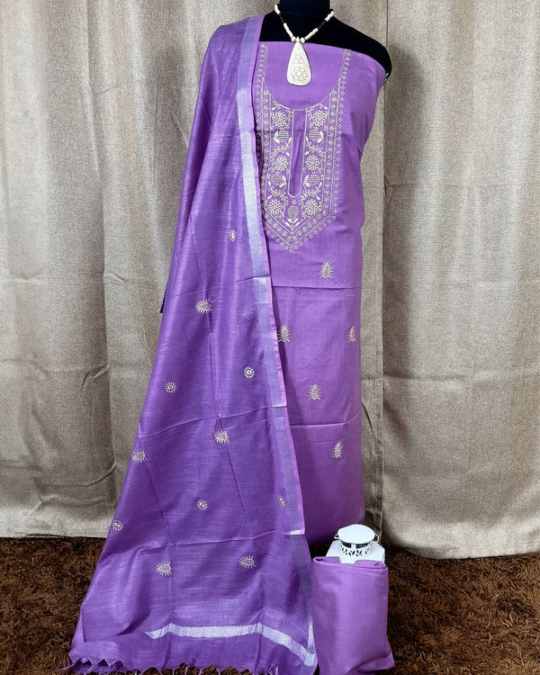 Indiehaat | Gulmohar Slub Linen Lavender Unstiched Embroidered Suit