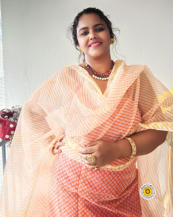 Kota Doria Orange Suit Material 2 Piece Lehariya Tie And Dye (Only Top And Dupatta)-Indiehaat