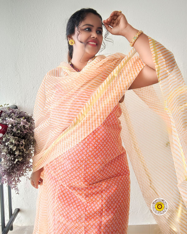 Kota Doria Orange Suit Material 2 Piece Lehariya Tie And Dye (Only Top And Dupatta)-Indiehaat