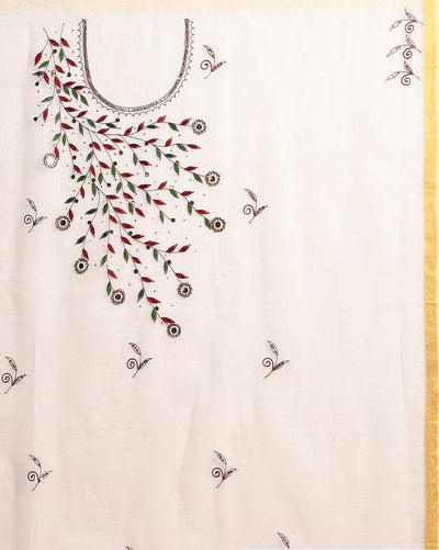 Enchanting Kota Doria Embroidered Suit (T+B+D) Material White