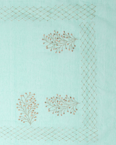 Kota Doria Cotton Bel Embroidery Saree Sea Green Handdyed