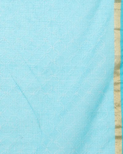 Kota Doria Embroidery White Saree with blouse Handcrafted-Indiehaat