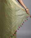 Silk Linen Digital Embroidered Handloom Green Saree with Running Blouse-Indiehaat