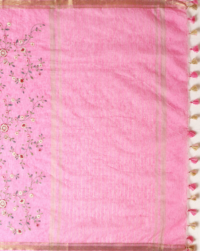 Poetic Silk Linen Embroidered Pink Saree