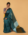 Silk Linen Plain Saree Green Color with contrast border and attached Running Blouse-Indiehaat