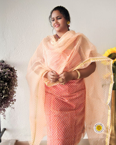 Kota Doria Orange Suit Material 2 Piece Lehariya Tie And Dye (Only Top And Dupatta)-Indiehaat