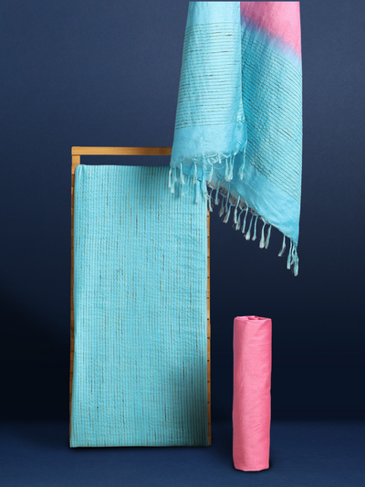 Handdyed Katan Silk Blue & Pink Contrast Suit