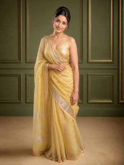 Hand Dyed Pure Tissue Linen Yellow ColorSaree With Running Blouse-Indiehaat