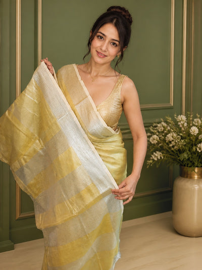 Hand Dyed Pure Tissue Linen Yellow ColorSaree With Running Blouse-Indiehaat