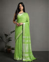 Handwoven Pure Linen Green Saree with Blouse-Indiehaat