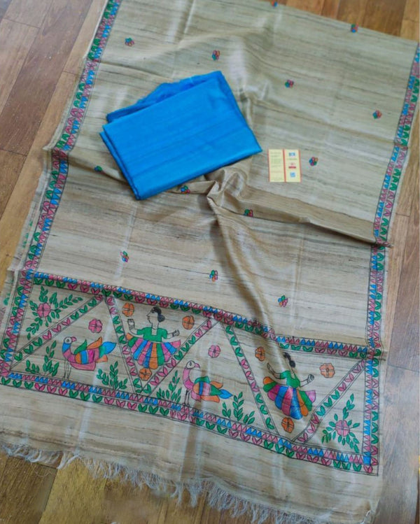 Silkmark Tussar Beige Madhubani Adorable Dupatta & Blue Top