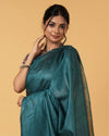 Silk Linen Plain Saree Green Color with contrast border and attached Running Blouse-Indiehaat