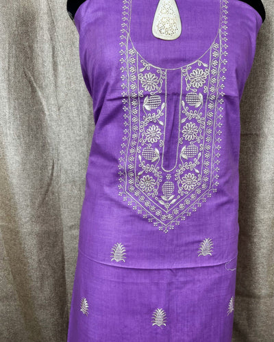 Indiehaat | Gulmohar Slub Linen Lavender Unstiched Embroidered Suit