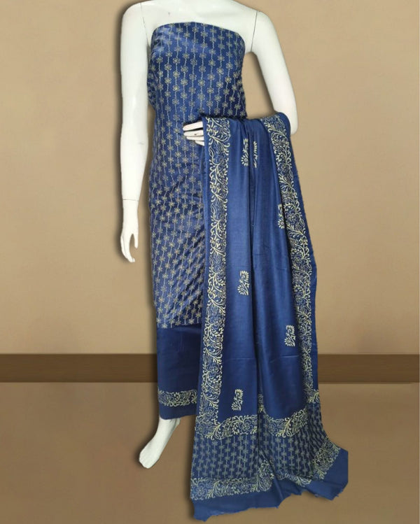 Katan Silk Artistic Blockprint Blue Suit