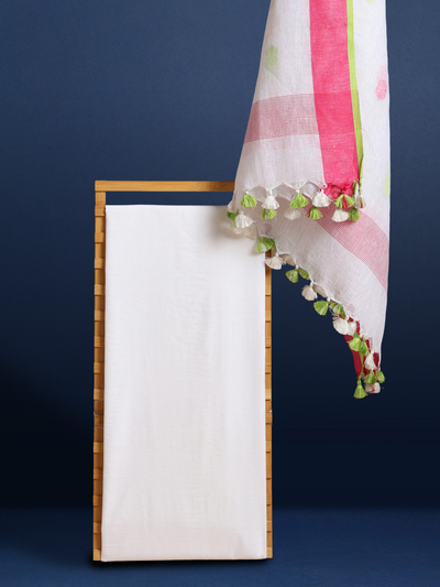 Pure Linen Bold White Dupatta & Katan Silk White Top Set