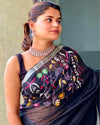 Pure Linen Handloom Saree Eerie Black Color Hand Embroidered with Running Blouse-Indiehaat