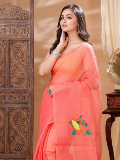 Fiery Kota Doria Cotton Bird Embroidery Red Saree Handdyed