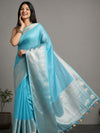 Modern Banarasi Silk Linen Blue Handloom Saree