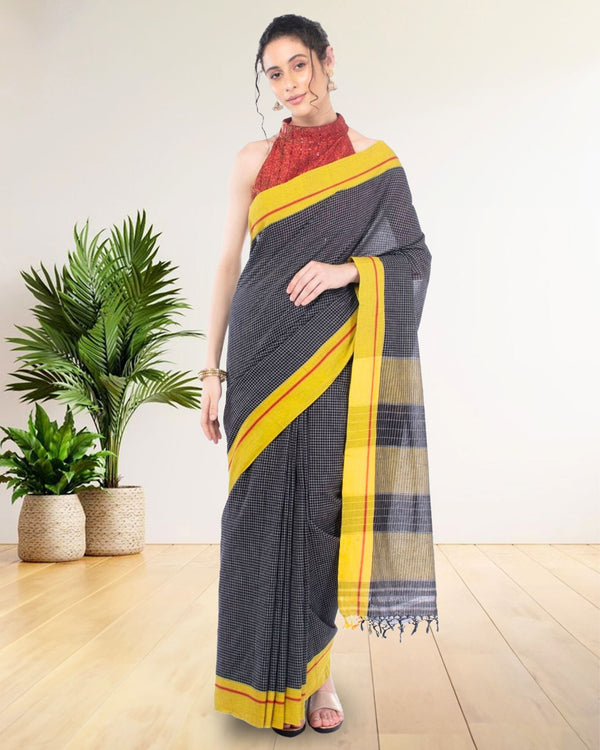 Handloom Mark Patteda Anchu Vibrant Black Cotton Saree