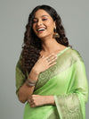 Silk Linen Banarasi Brocade Handloom Olivine Green Saree with Blouse-Indiehaat