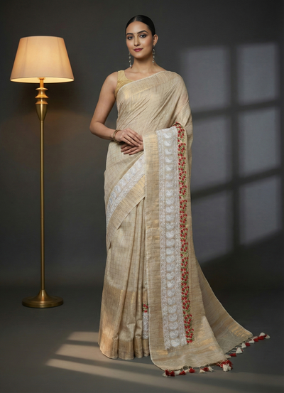 Embroidered Bansbara Tussar Silk Saree Pale Silver