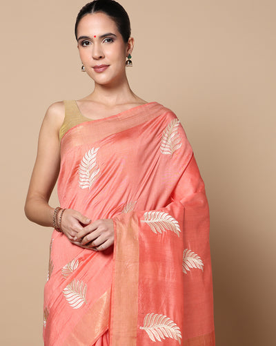 Silkmark Muga Tussar Silk Embroidered Peach Saree