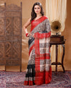 Silkmark Certifiied Tussar Silk Handloom Handblock Printed Black & Khaki Colour Saree with Blouse-Indiehaat