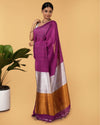 Silk Linen Plain Saree Deep Purple Color with contrast border and attached Running Blouse-Indiehaat