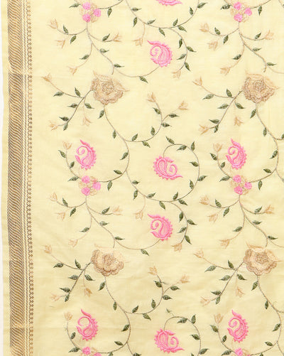 Impressionistic Silk Linen Embroidered Yellow Saree