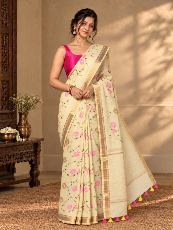 Silk Linen Embroidered Handloom Yellow Saree with Blouse-Indiehaat
