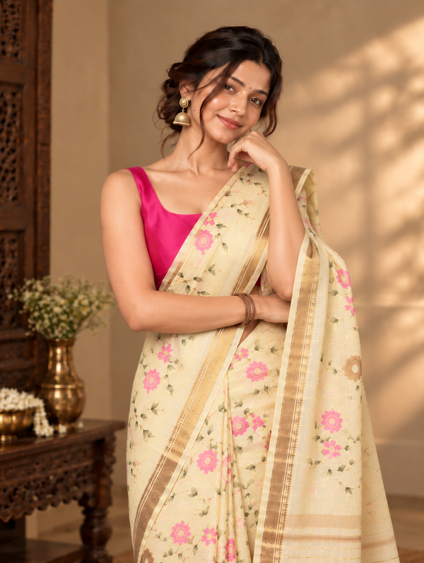 Silk Linen Embroidered Handloom Yellow Saree with Blouse-Indiehaat