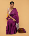 Silk Linen Plain Saree Deep Purple Color with contrast border and attached Running Blouse-Indiehaat