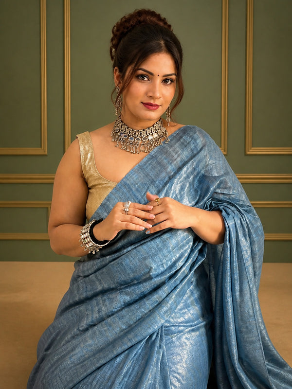 Silkmark Ghicha Tussar Impressive Blue Saree