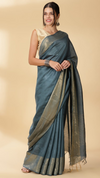 Silkmark Certified Moonga Tussar Bottle Green Silk Saree with Running Blouse Handcrafted-Indiehaat