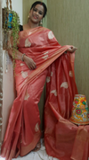 Silkmark Certified Moonga Tussar Silk Embroidered Peach Saree with Running Blouse-Indiehaat