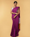 Silk Linen Plain Saree Deep Purple Color with contrast border and attached Running Blouse-Indiehaat