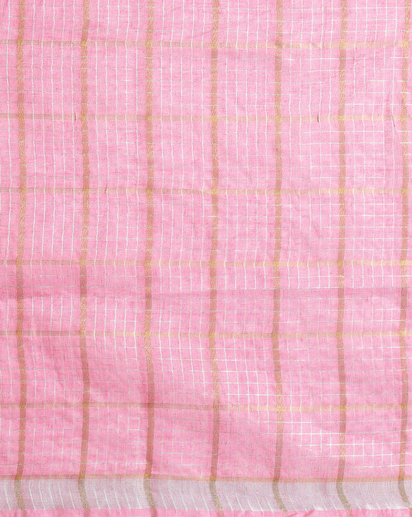 Pure Linen Check Design Handloom Light Pink Saree