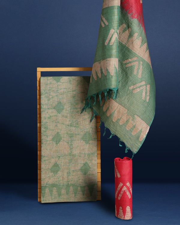 Khadi Cotton Batik Handblock Print Green  Suit Piece with Bottom and Dupatta-Indiehaat
