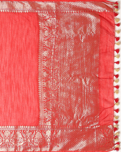 Lively Banarasi Silk Linen Handloom Red Saree