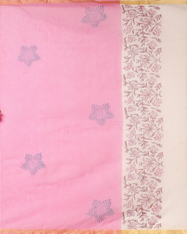 Bright Kota Doria Pink Blockprinted Suit (Top+Dupatta+Bottom)