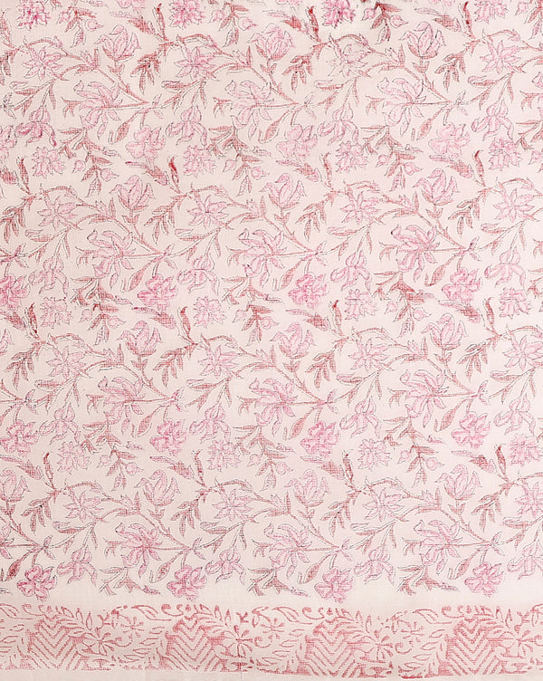 Bright Kota Doria Pink Blockprinted Suit (Top+Dupatta+Bottom)