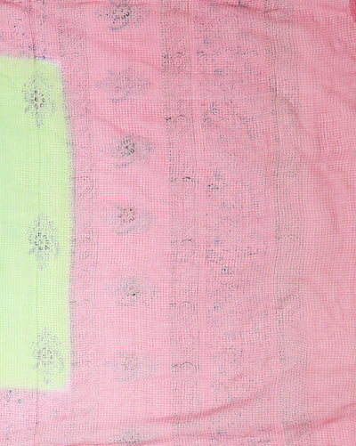 Vibrant Kota Doria Blockprinted Green & Pink Saree