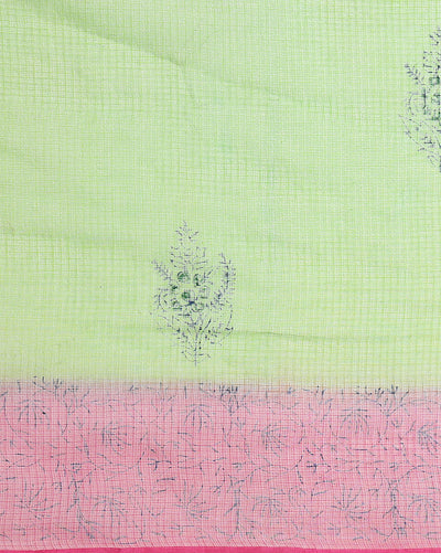 Vibrant Kota Doria Blockprinted Green & Pink Saree