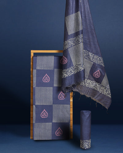 Katan Silk Decorous Blockprint Blue Suit