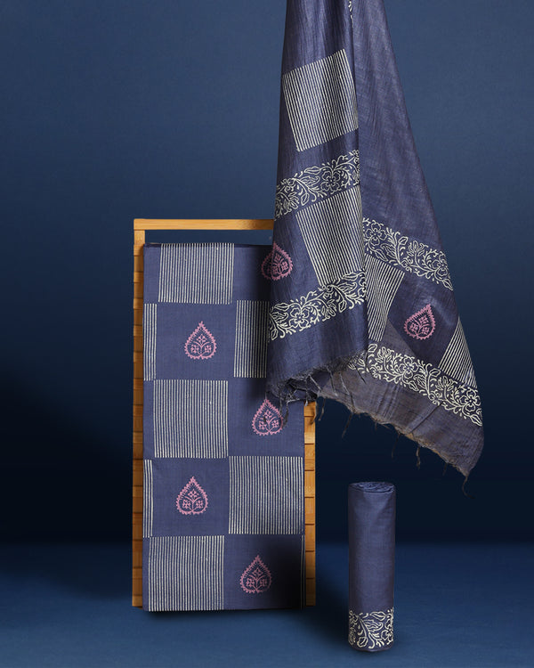 Katan Silk Decorous Blockprint Blue Suit