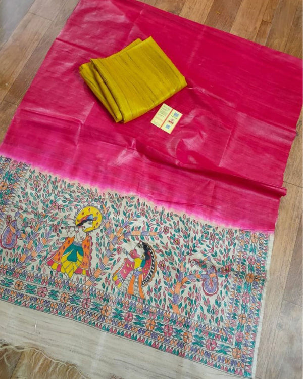 Silkmark Tussar Pink Madhubani Glowing Dupatta & Yellow Top