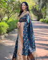 Indiehaat | Banarasi Jaal Katan Silk Zari Woven Blue Saree