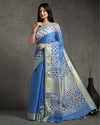 Lively Pure Linen Hand Cutwork Design Blue Saree