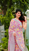 Cotton Linen Saree Off White Color Printed with running blouse-Indiehaat