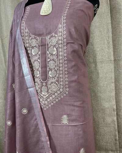 Indiehaat | Gulmohar Slub Linen Mauve Unstiched Embroidered Suit